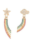 Gold tone brass star and cloud rainbow pendant earrings studded with CZ crystals.