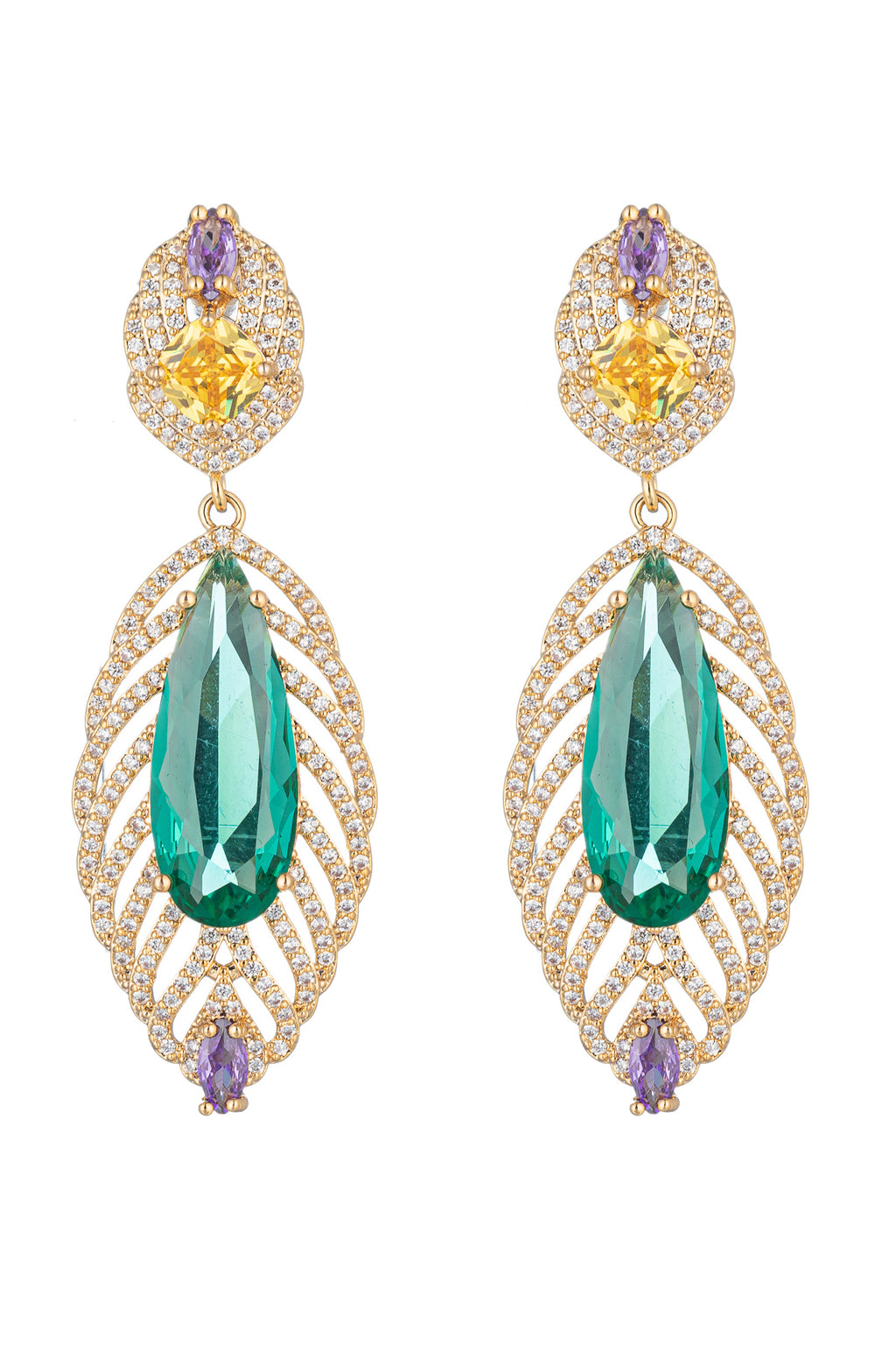 Gold tone brass dangle earrings studded with CZ crystals.