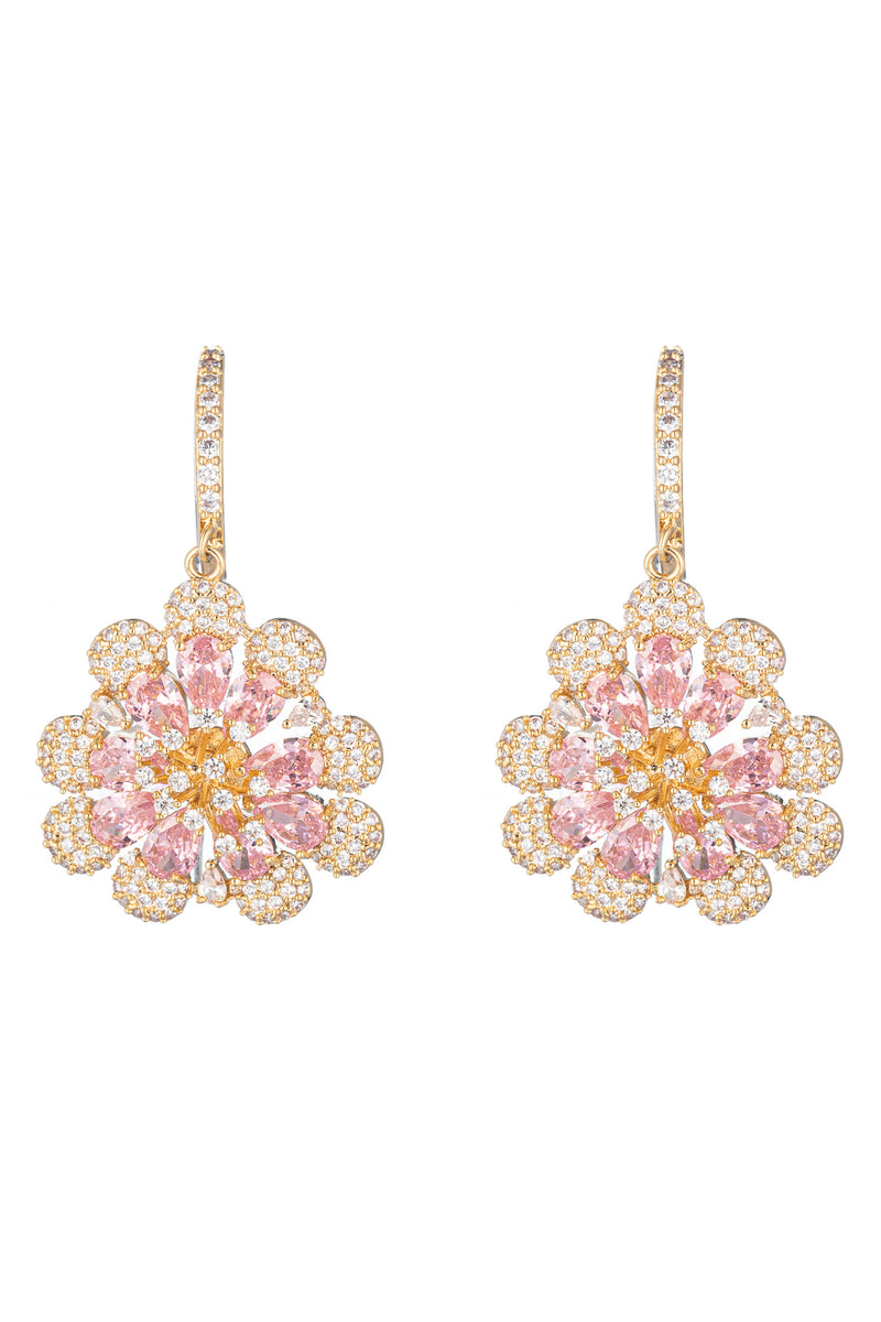 Gold tone brass flower earrings studded with pink and orange CZ crystals.