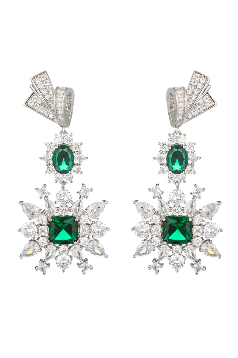 Silver tone brass statement earrings studded with green CZ crystals.