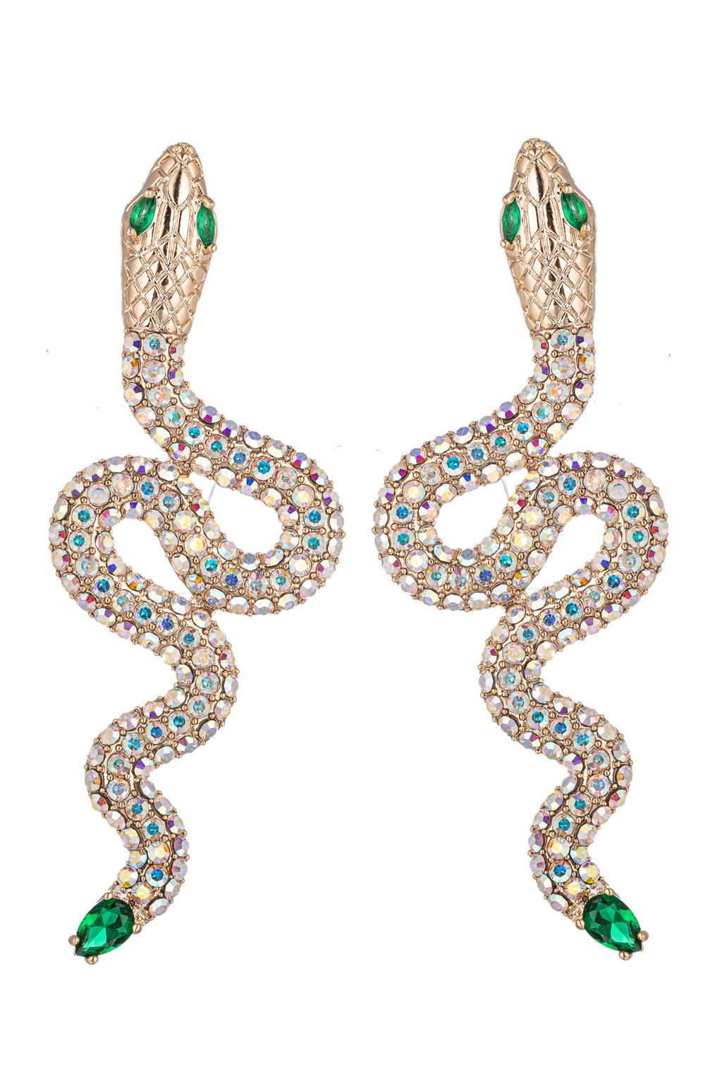 Gold tone brass snake dangle earrings studded with CZ crystals.