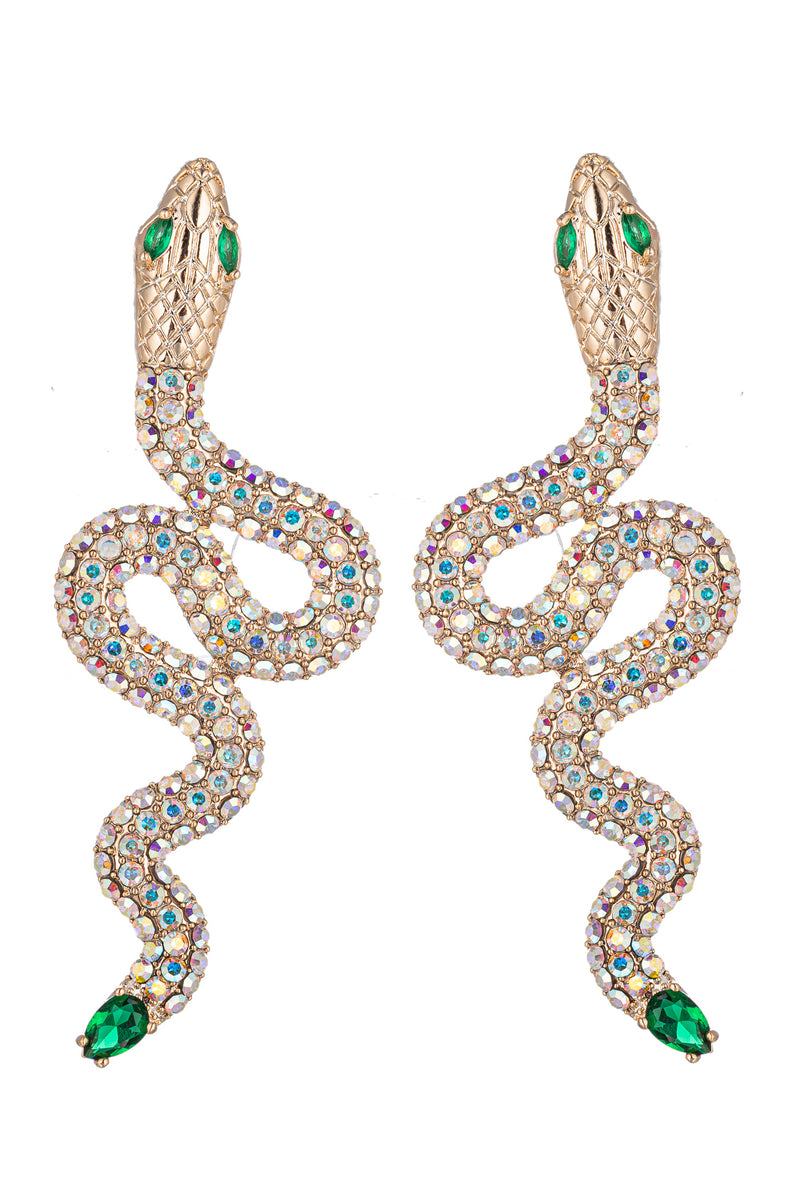 Gold tone brass snake dangle earrings studded with CZ crystals.