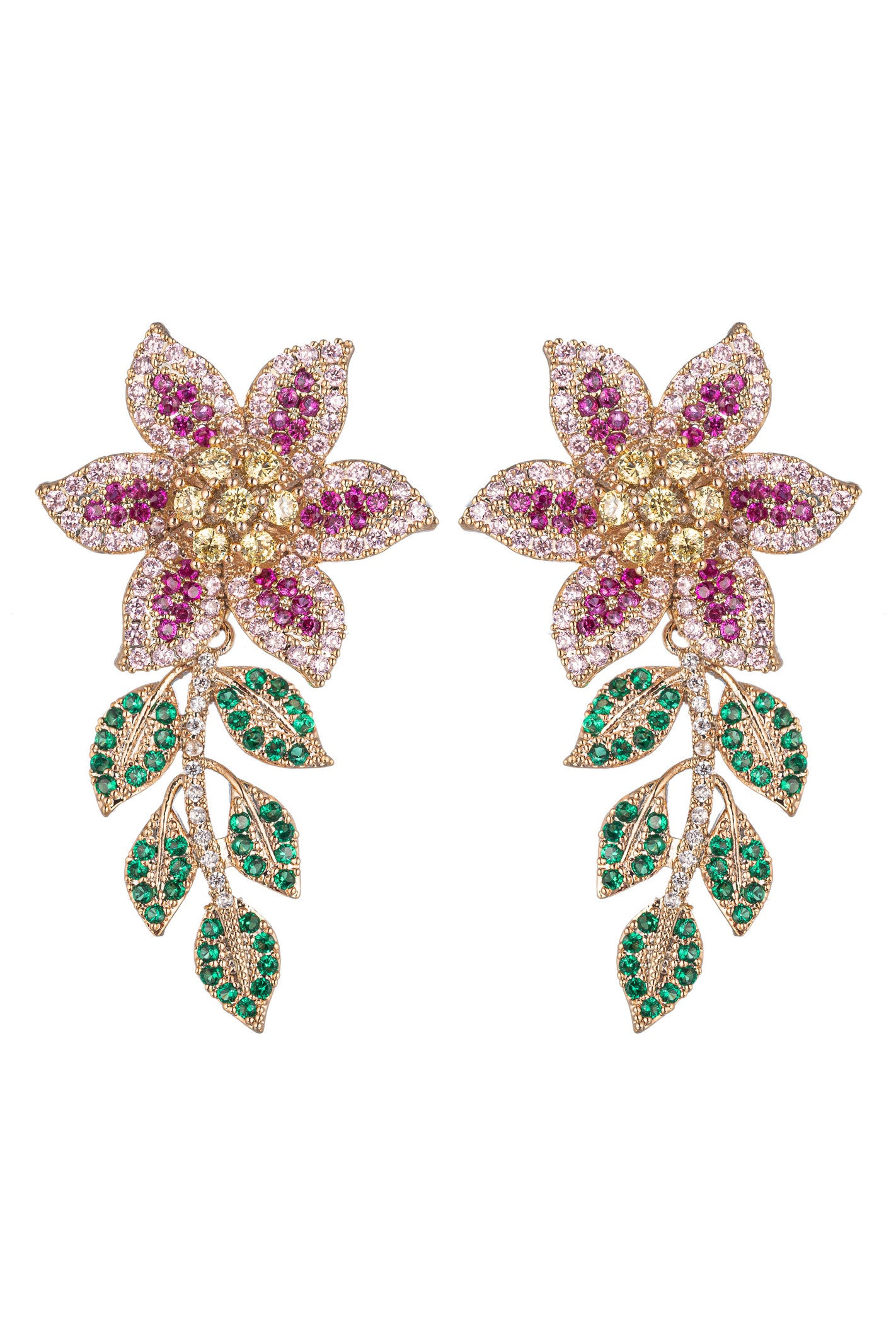 Gold tone brass flower drop earrings studded with CZ crystals. 