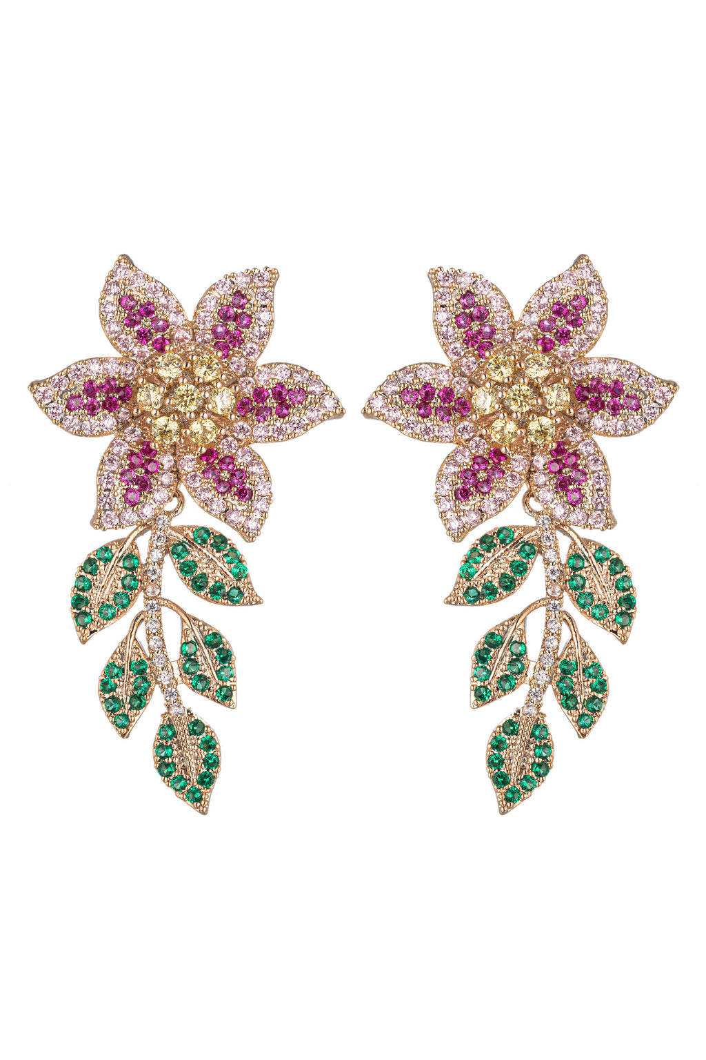 Gold tone brass flower drop earrings studded with CZ crystals. 