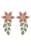 Gold tone brass flower drop earrings studded with CZ crystals. 