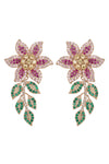 Gold tone brass flower drop earrings studded with CZ crystals. 
