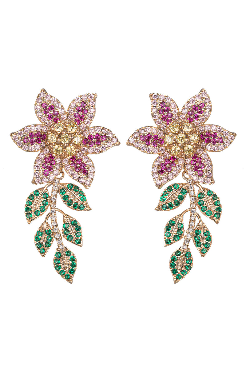 Gold tone brass flower drop earrings studded with CZ crystals. 