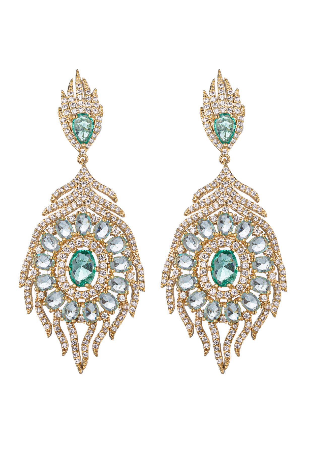 Gold tone brass peacock feather dangle earrings studded with CZ crystals.