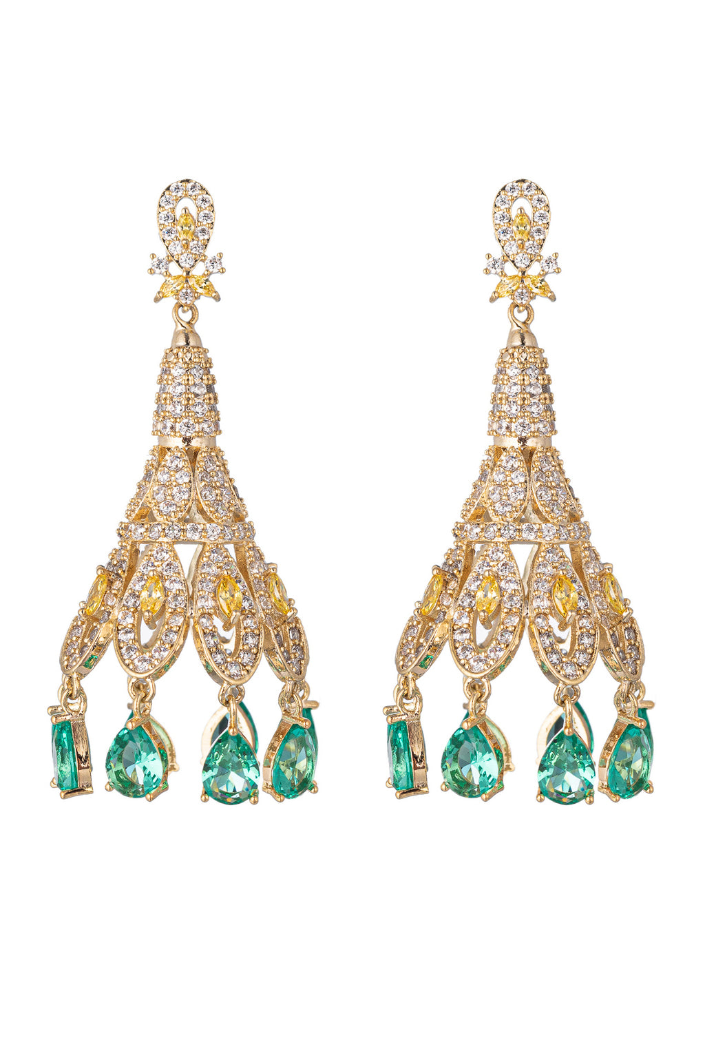 Gold tone brass bohemian dangle earrings studded with CZ crystals.