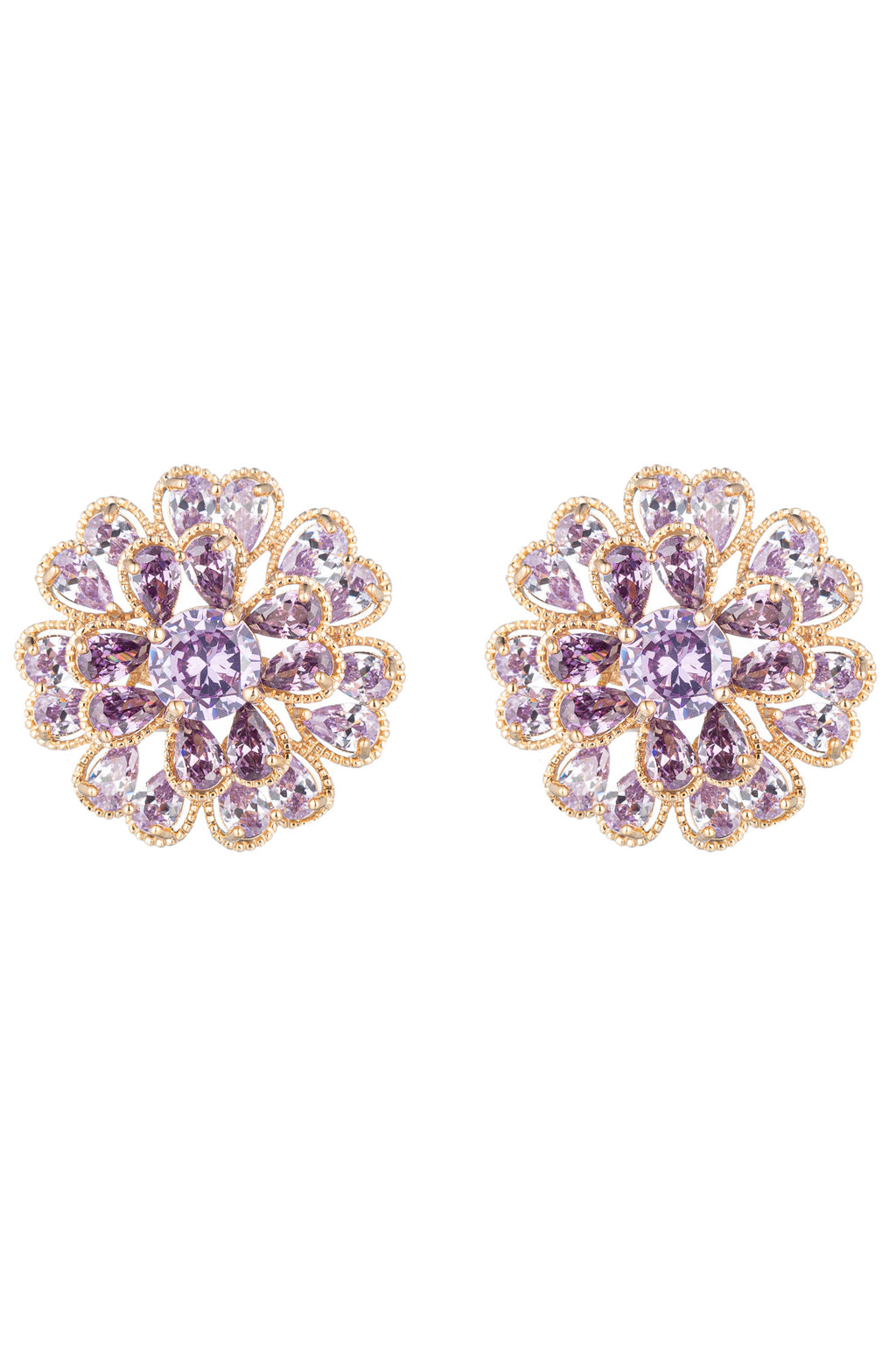Gold tone brass stud earrings studded with purple CZ crystals.