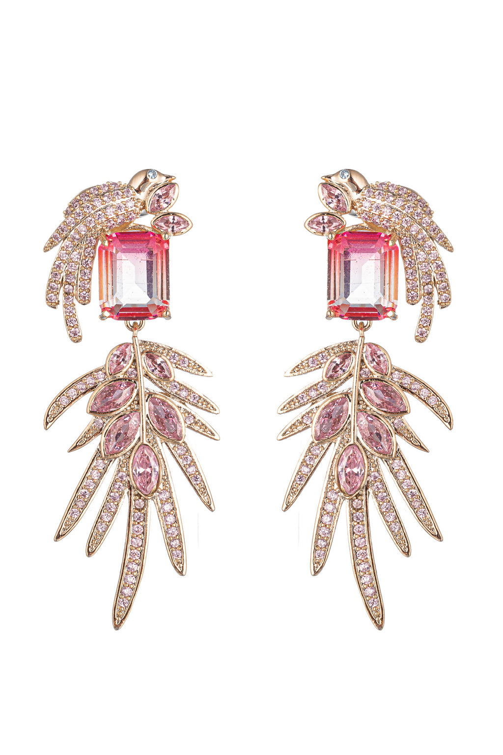 Gold tone brass flying bird statement earrings studded with CZ crystals.