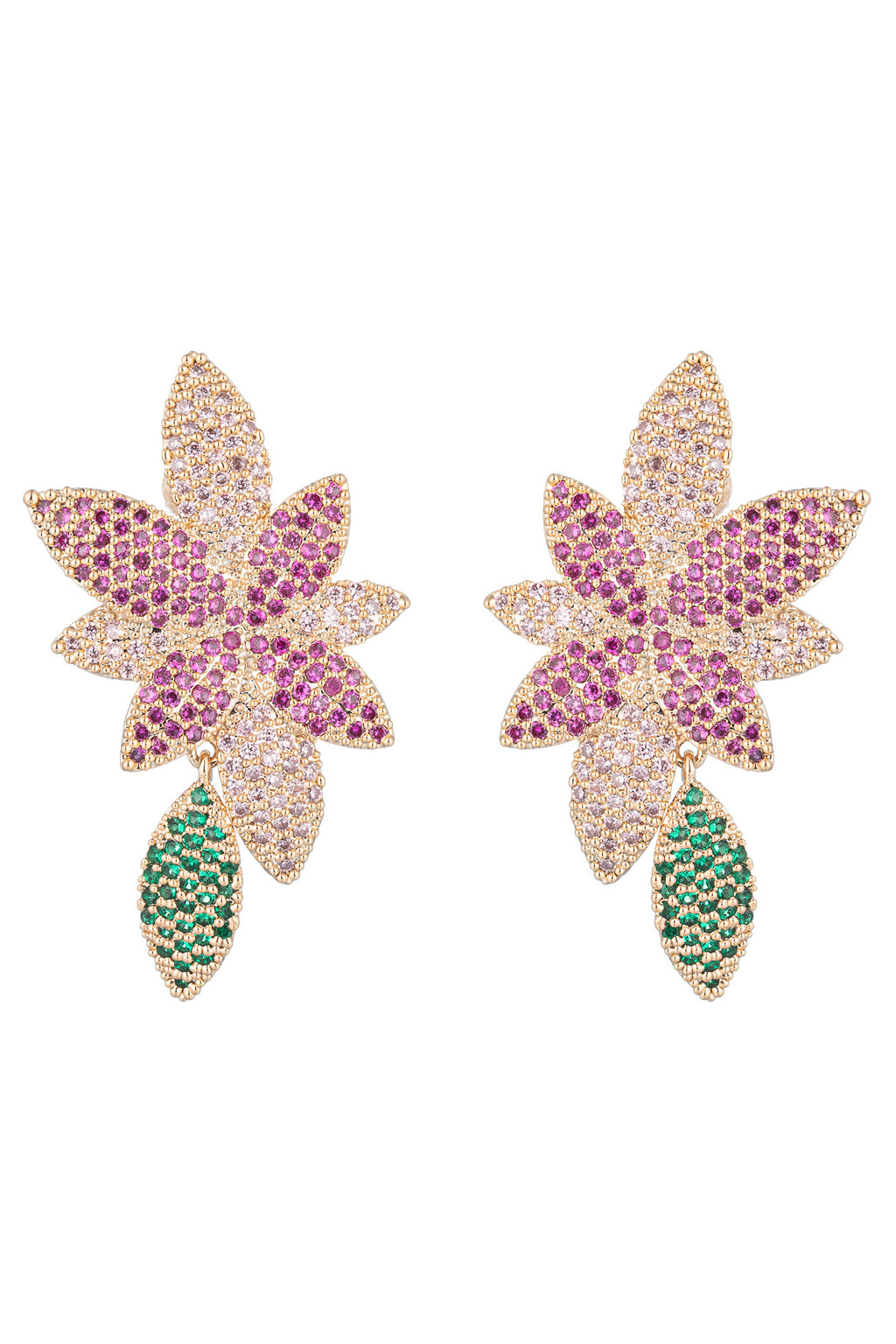 Gold tone brass flower earrings studded with pink and green CZ crystals.