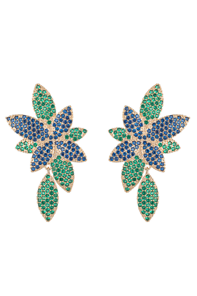 Gold tone brass august flower statement earrings studded with CZ crystals.