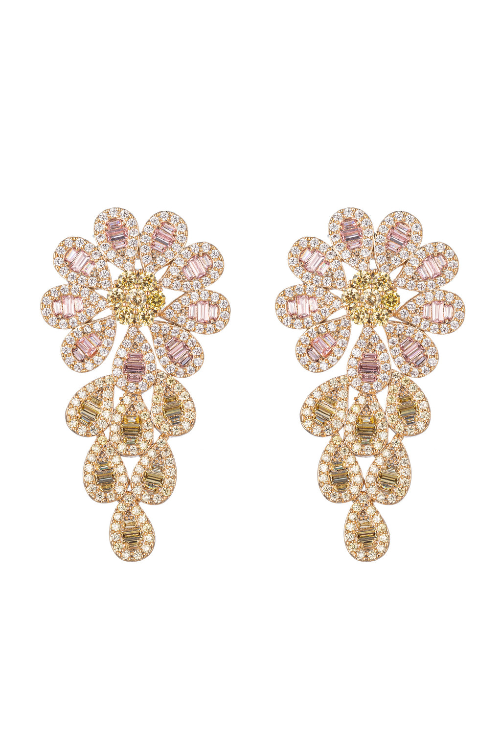 Gold tone brass flower drop earrings studded with CZ crystals.