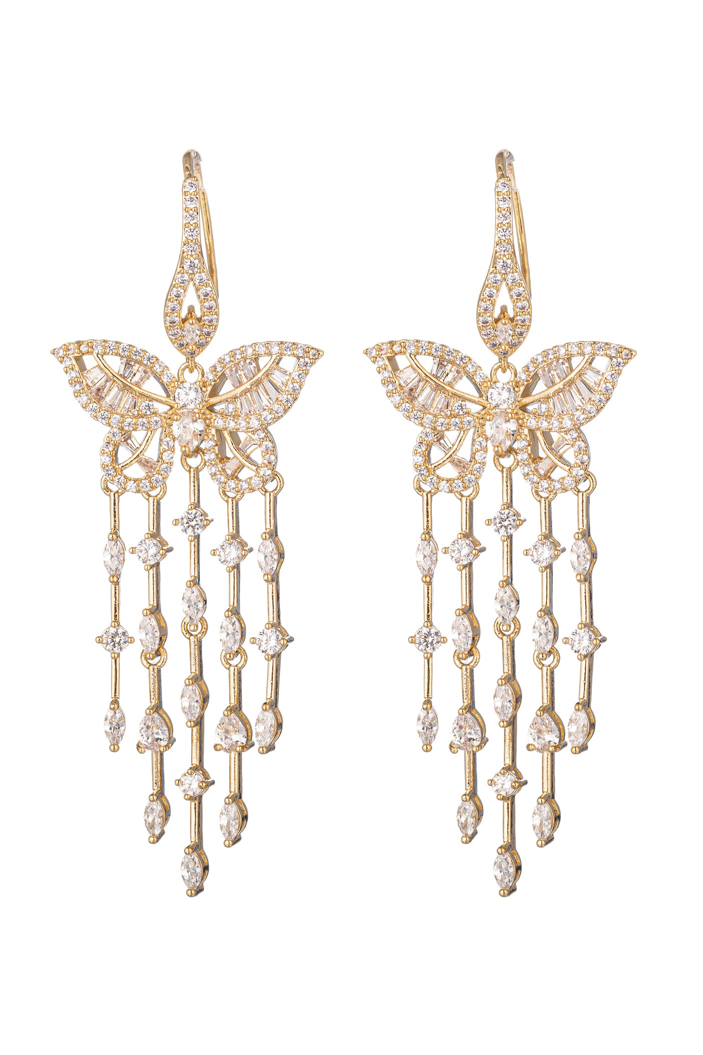 Gold tone brass butterfly earrings studded with CZ crystals.