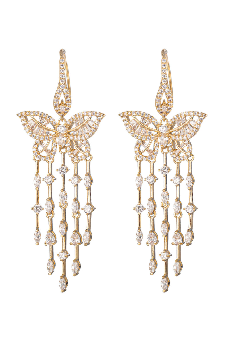 Gold tone brass butterfly earrings studded with CZ crystals.