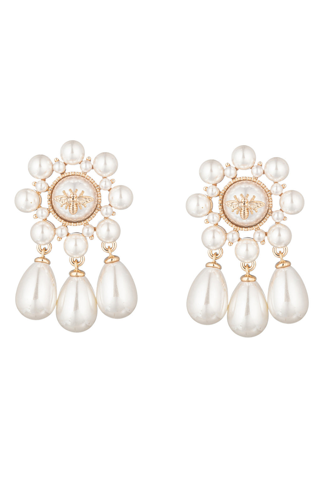 Gold tone brass glass pearl earrings with CZ crystal butterfly pendants.
