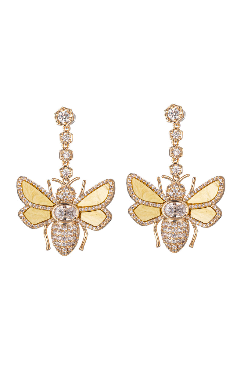 Gold tone brass bee drop earrings studded with CZ crystals.
