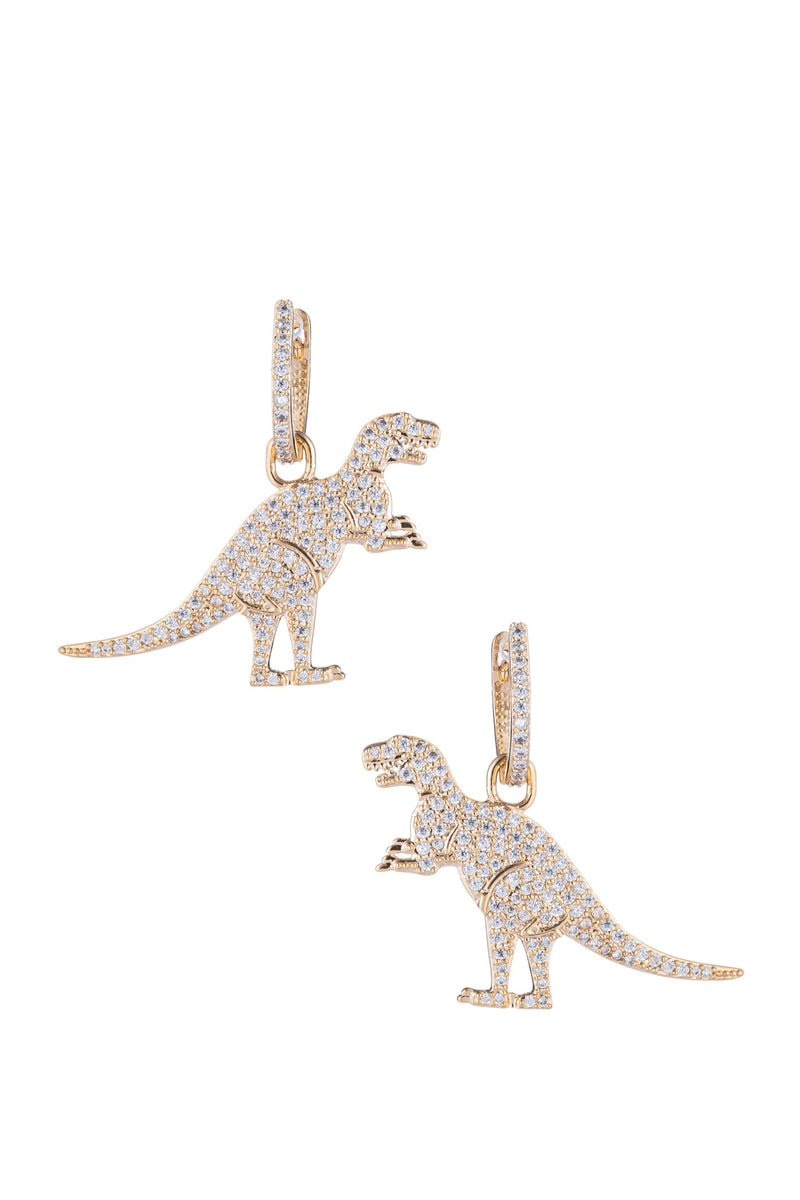 Gold cubic zirconia dangling T-rex earrings.