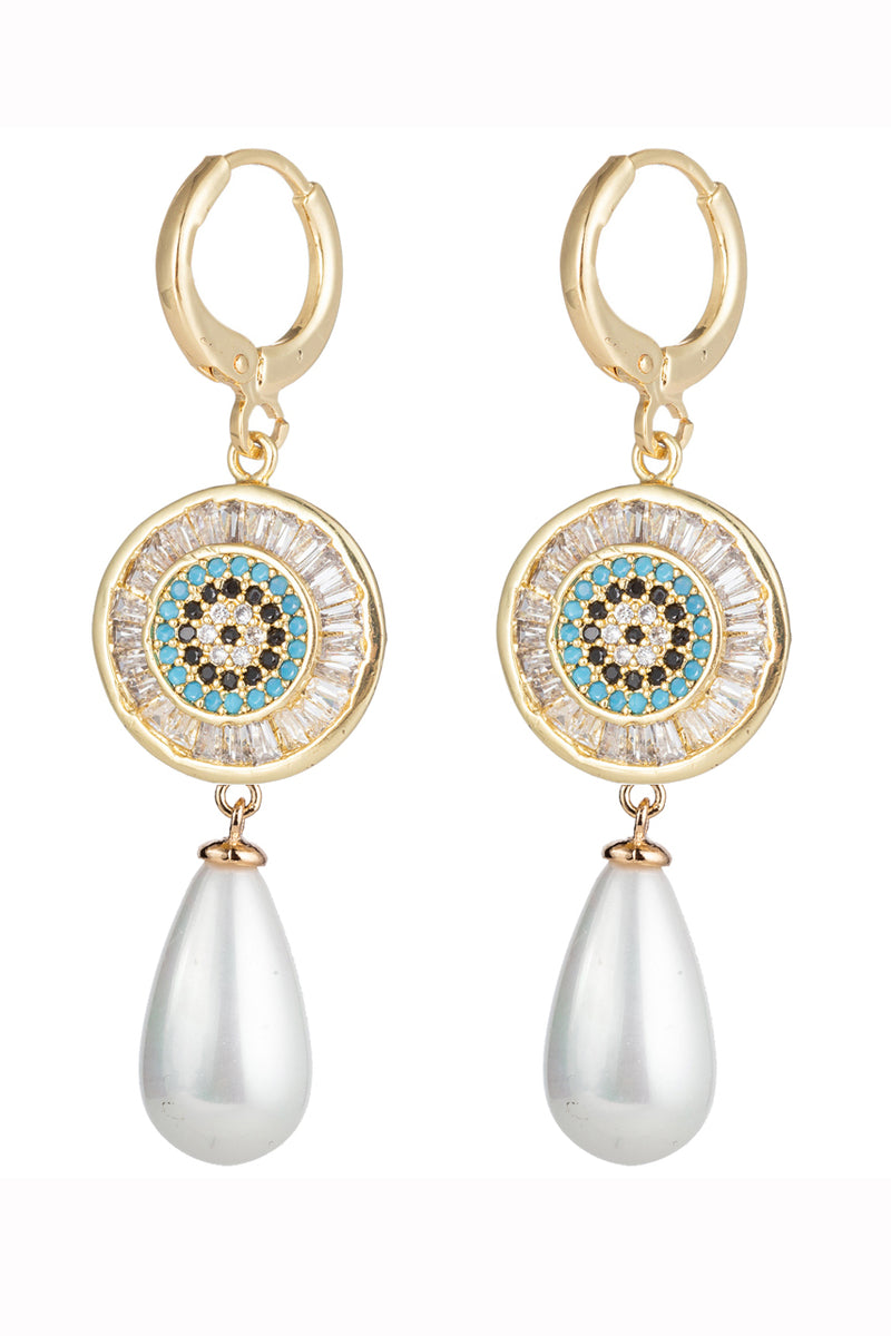 Evil eye 18k gold plated huggie earrings with shell pearls.