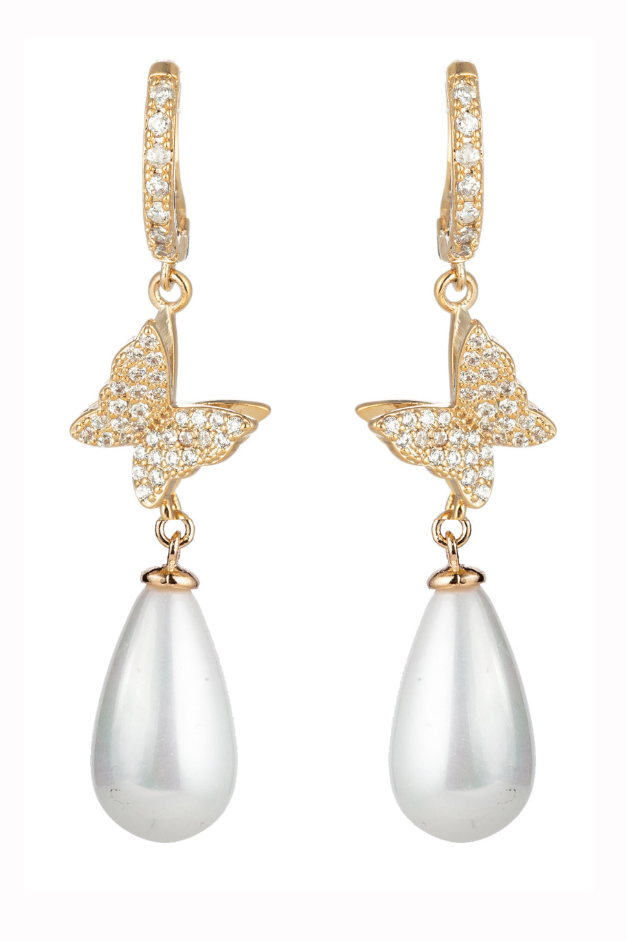 18k gold plated mini butterfly drop earrings with shell pearls.