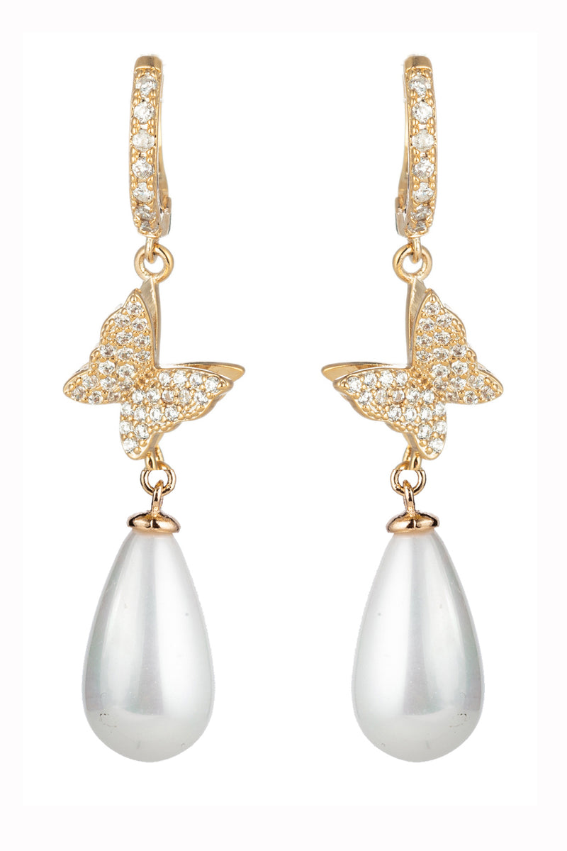 18k gold plated mini butterfly drop earrings with shell pearls.