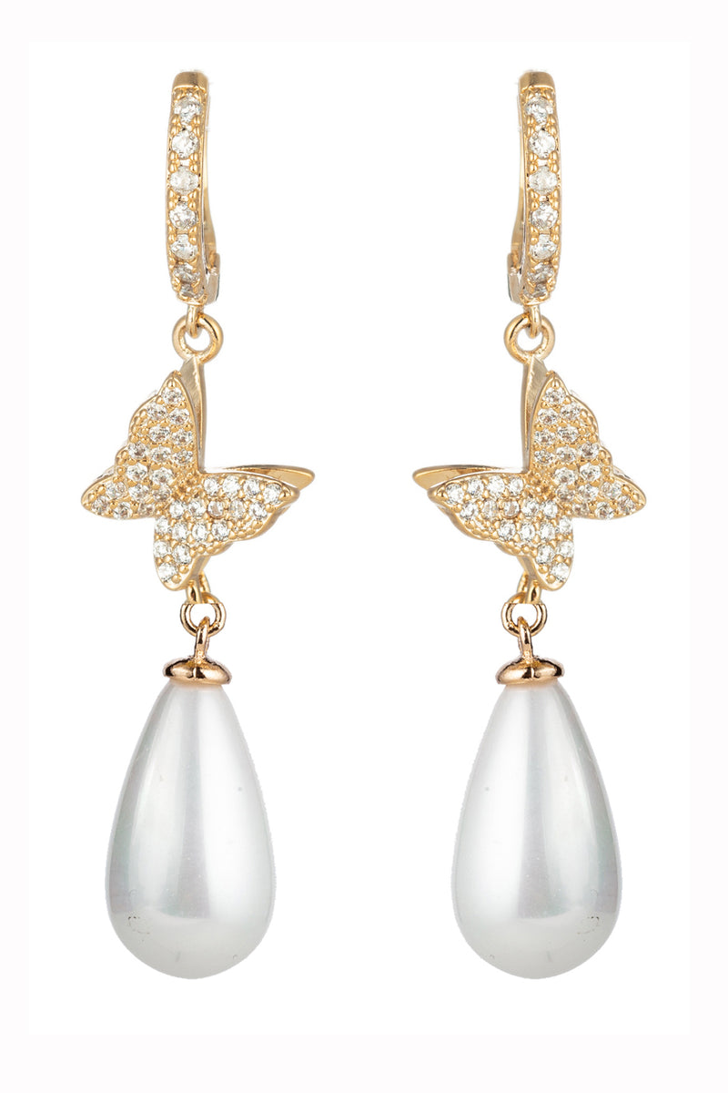18k gold plated mini butterfly drop earrings with shell pearls.