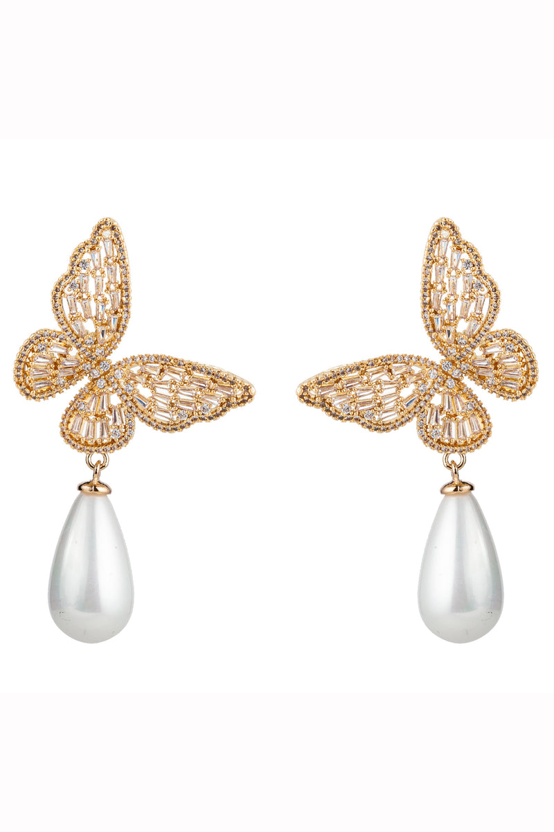 18k gold plated butterfly drop earrings with shell pearls.