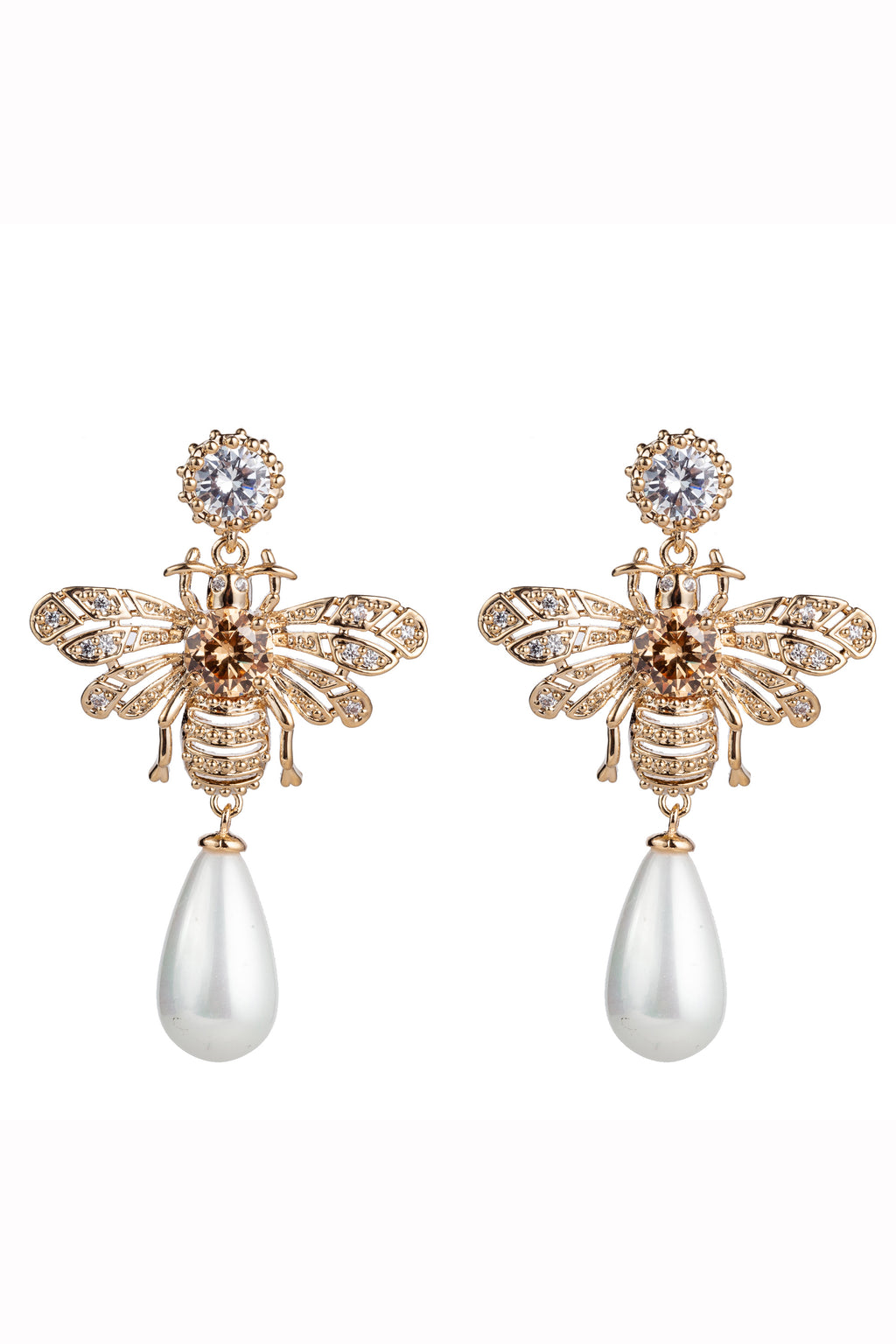 18k gold plated bee earrings with shell pearls.