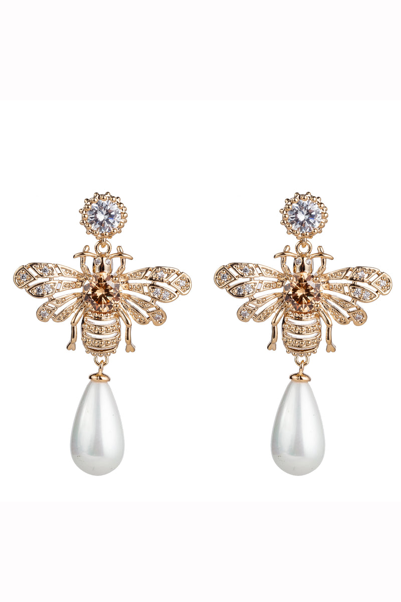 18k gold plated bee earrings with shell pearls.