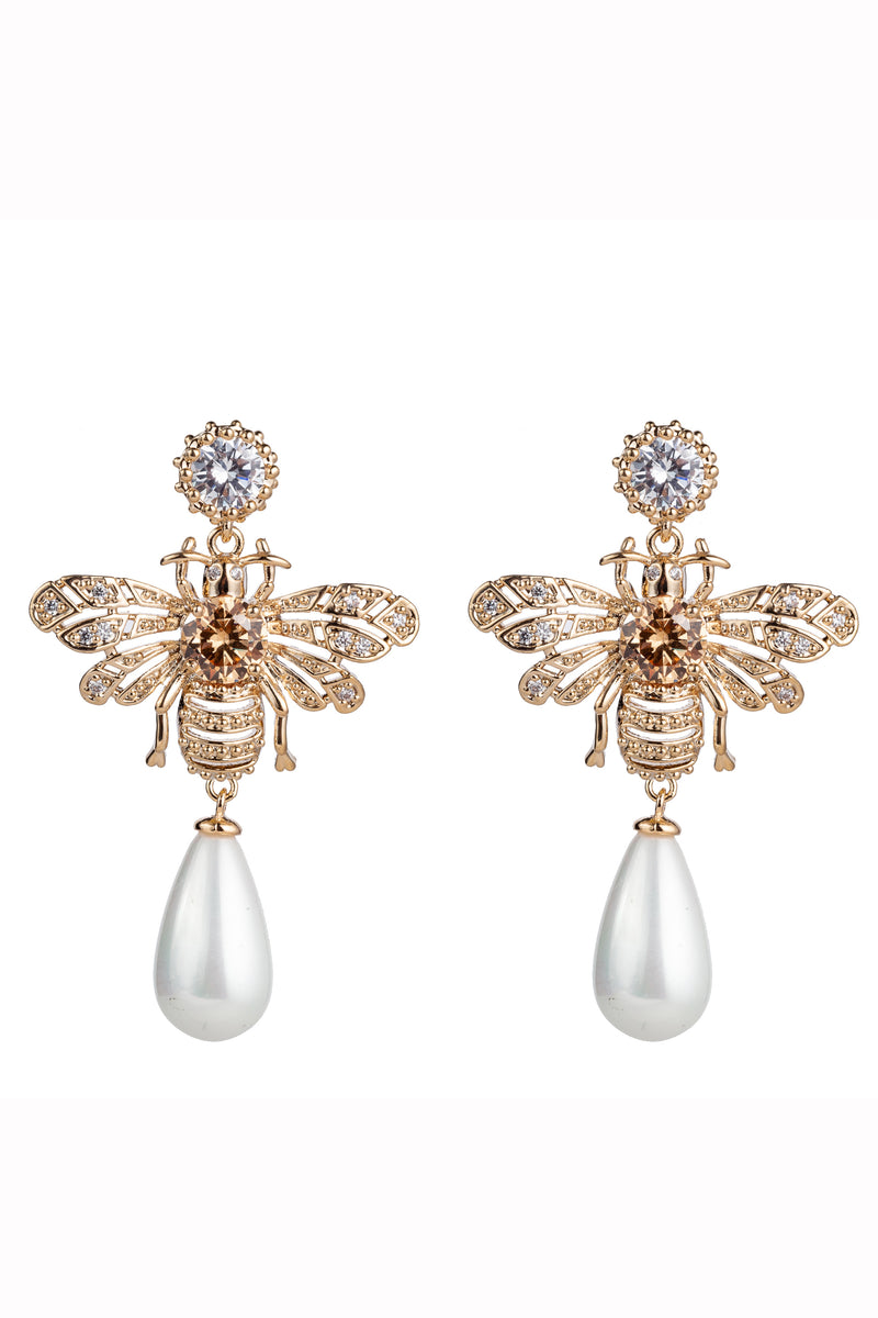18k gold plated bee earrings with shell pearls.