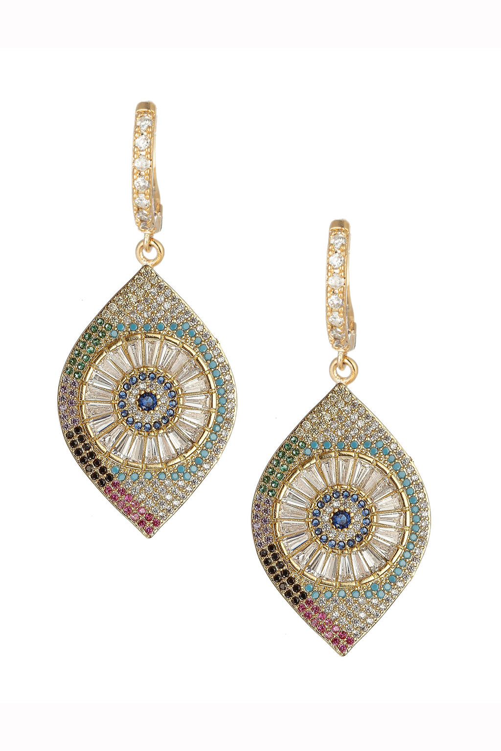 Double evil eye drop earrings studded with CZ crystals.
