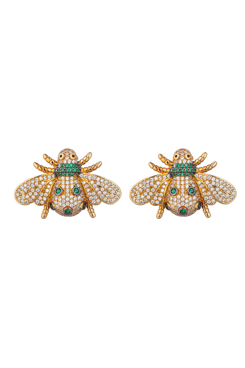 Gold tone brass bee stud earrings studded with green CZ crystals.