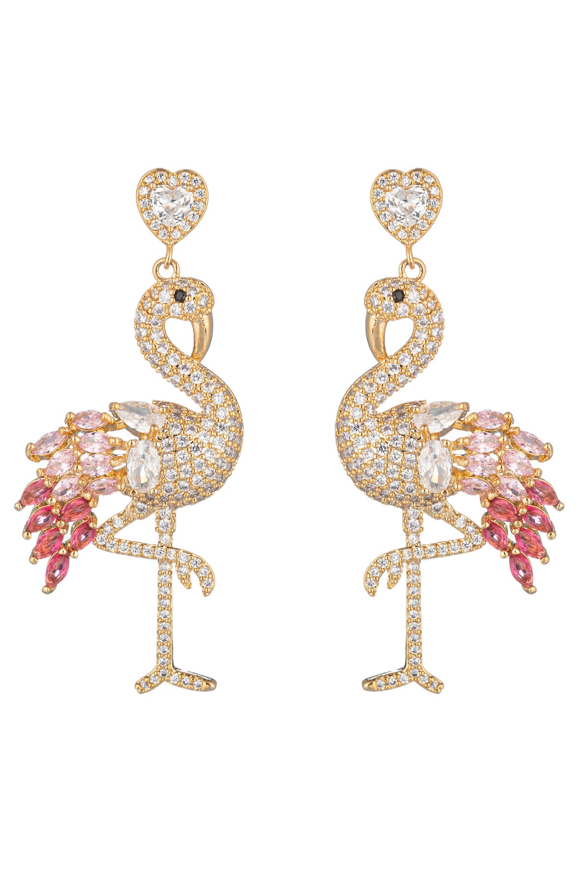 Gold tone brass flamingo pendant earrings studded with pink CZ crystals.