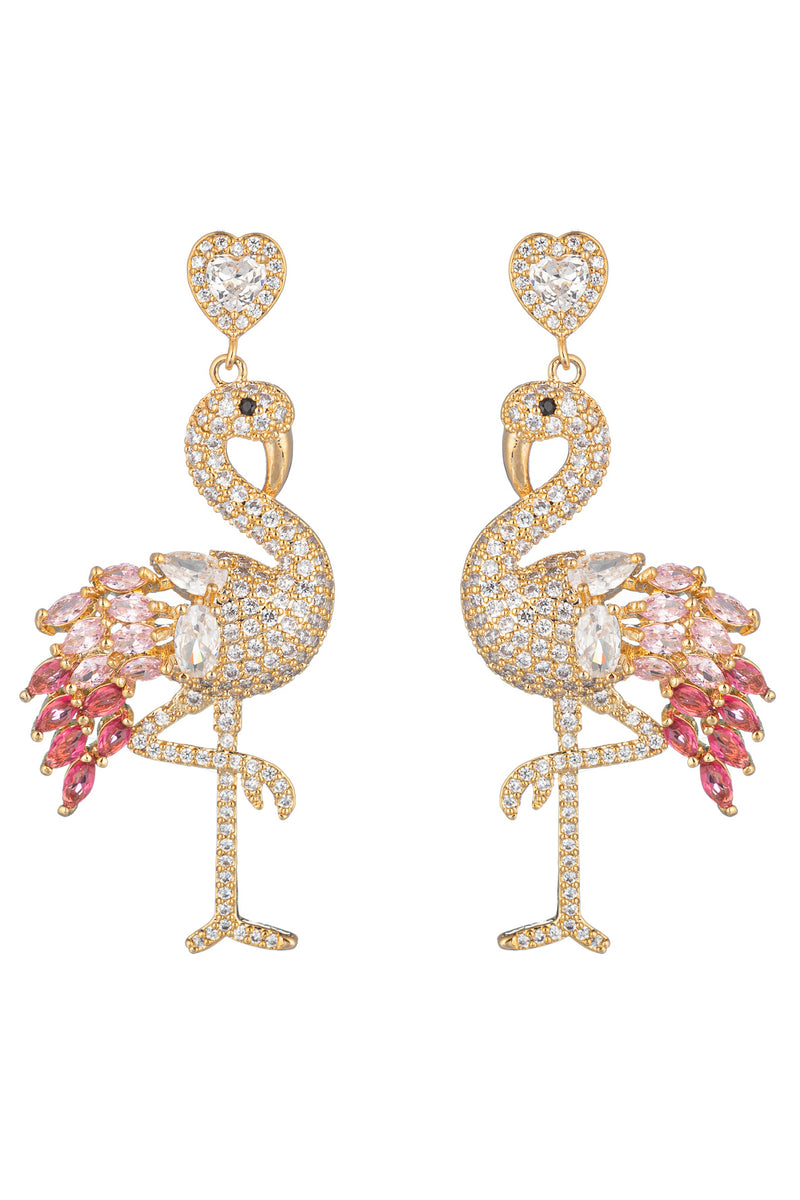 Gold tone brass flamingo pendant earrings studded with pink CZ crystals.