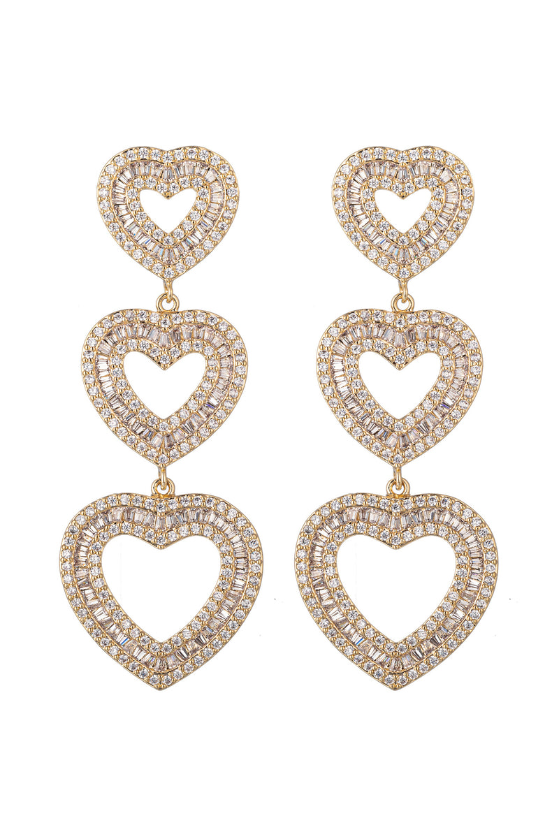 Gold tone brass tier heart drop earrings studded with CZ crystals.