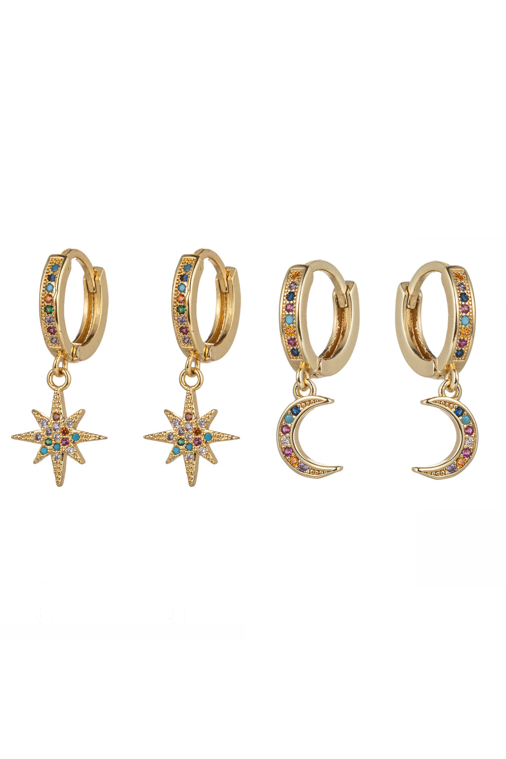 18k gold plated North Star and crescent moon earring set studded with CZ crystals.