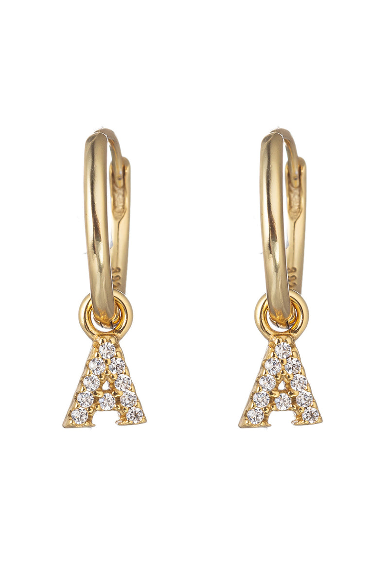 14k gold plated sterling silver "A" initial huggie earrings studded with CZ crystals.