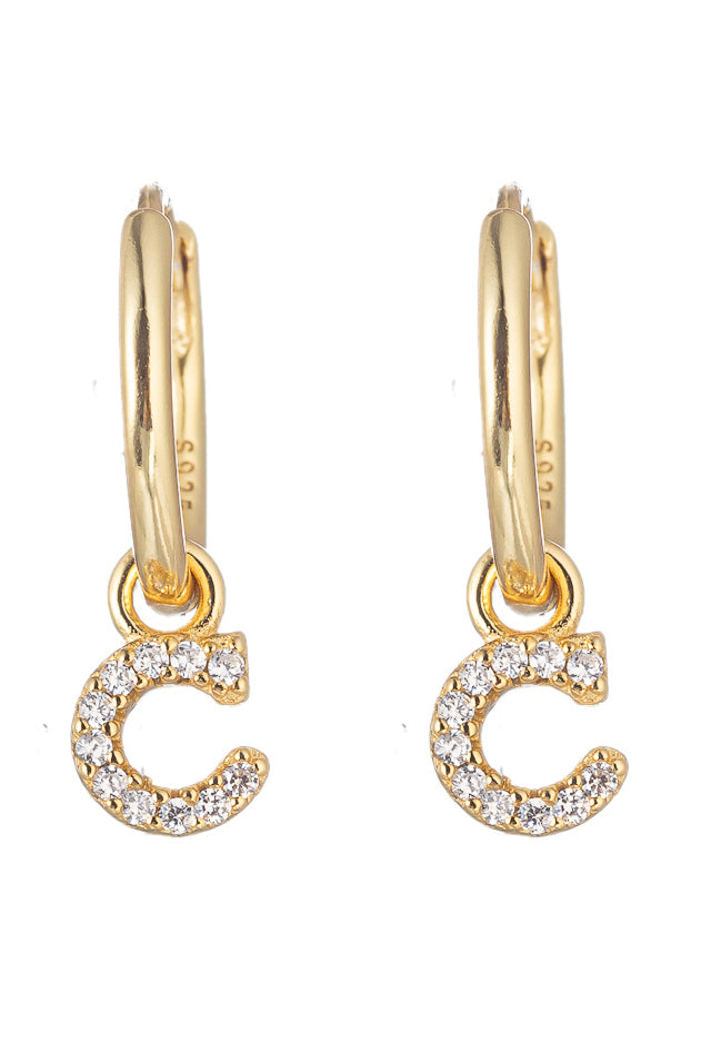 14k gold plated sterling silver "C" initial huggie earrings studded with CZ crystals.