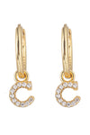 14k gold plated sterling silver "C" initial huggie earrings studded with CZ crystals.