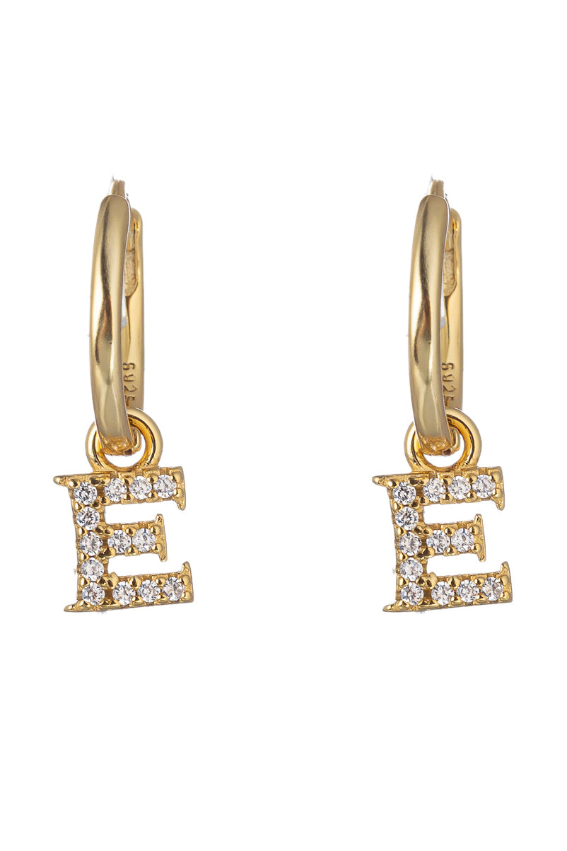 14k gold plated sterling silver "E" initial huggie earrings studded with CZ crystals.