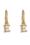 14k gold plated sterling silver "E" initial huggie earrings studded with CZ crystals.