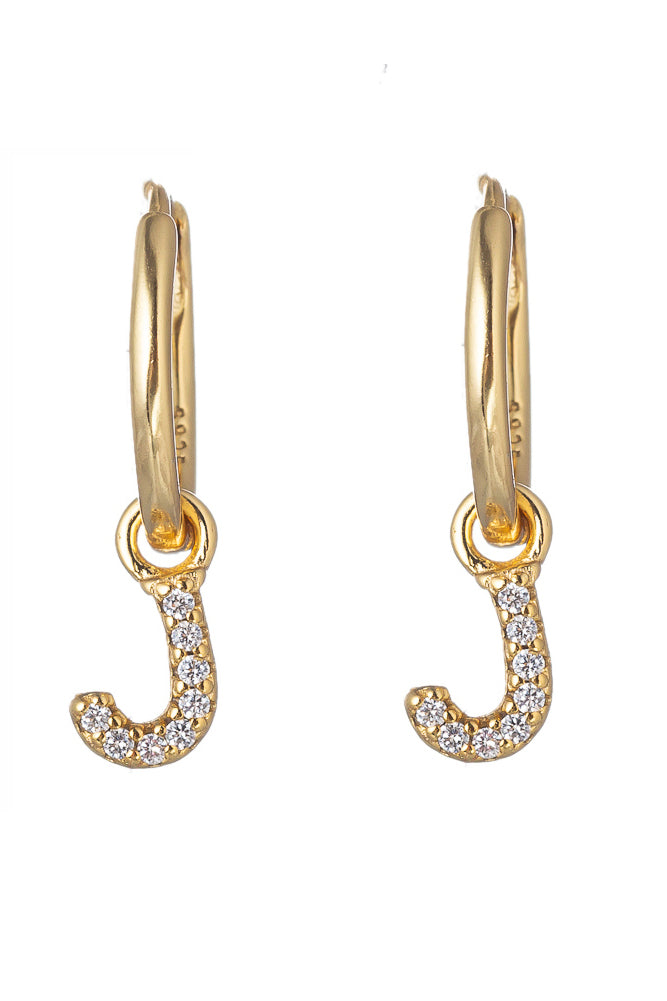 14k gold plated sterling silver "J" initial earrings studded with CZ crystals.
