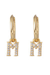 14k gold plated sterling silver "M" initial huggie earrings studded with CZ crystals.