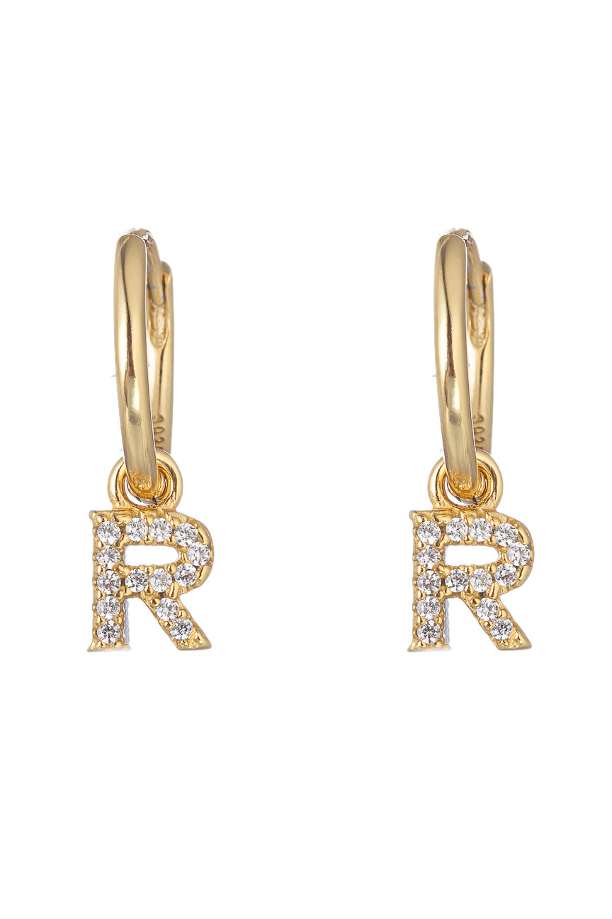 14k gold plated sterling silver "R" initial huggie earrings studded with CZ crystals.