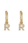14k gold plated sterling silver "R" initial huggie earrings studded with CZ crystals.
