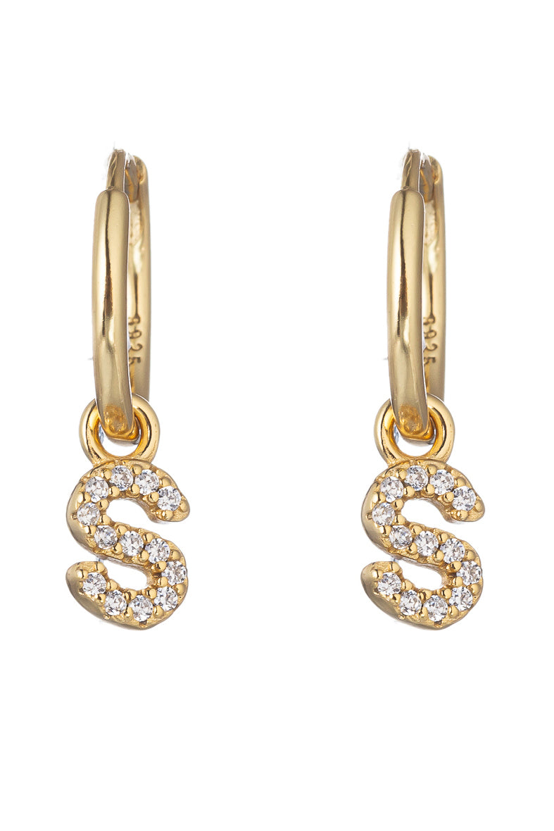 14k gold plated sterling silver "S" initial huggie earrings studded with CZ crystals.