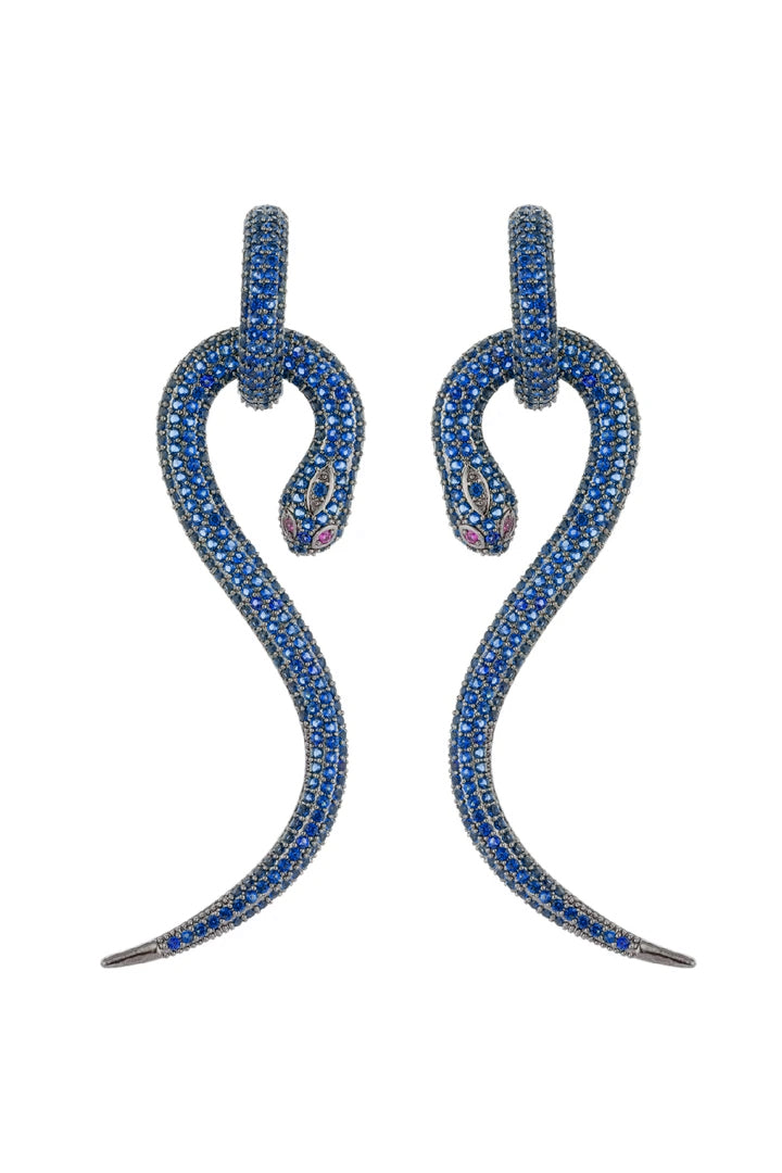 Blue snake drop earrings studded with CZ crystals.