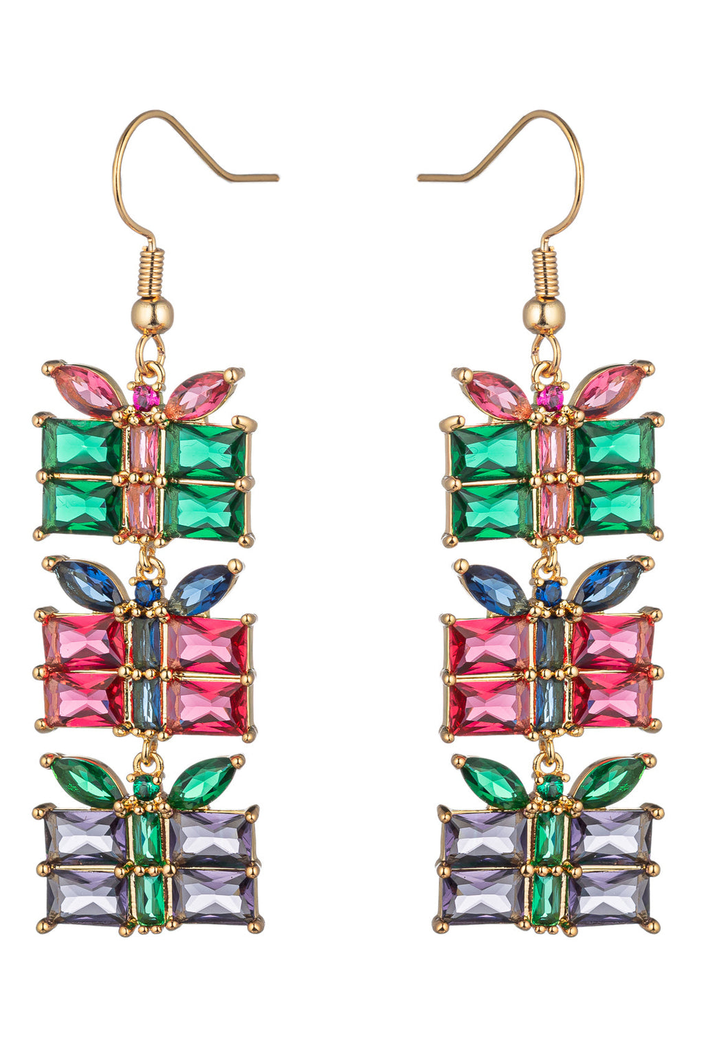 Rainbow Cubic Zirconia Present Drop Earrings: Unwrap a World of Colorful Glamour.