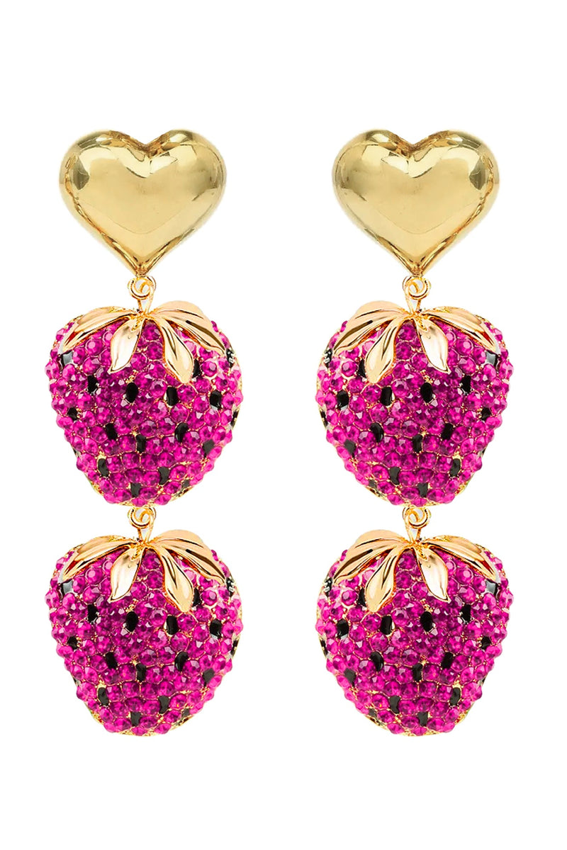 Pink Strawberry Heart 18K Gold Plated CZ Earrings